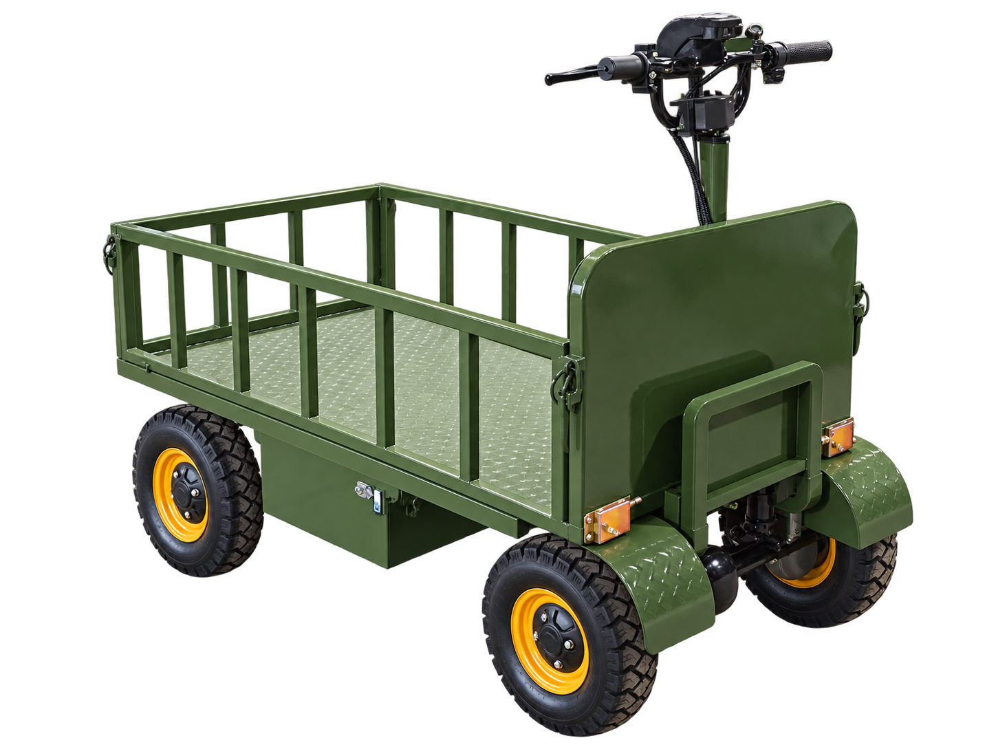 WorkWagon 100 rear three-quarter view showing stand-on step, handlebar controls, and all-terrain tires