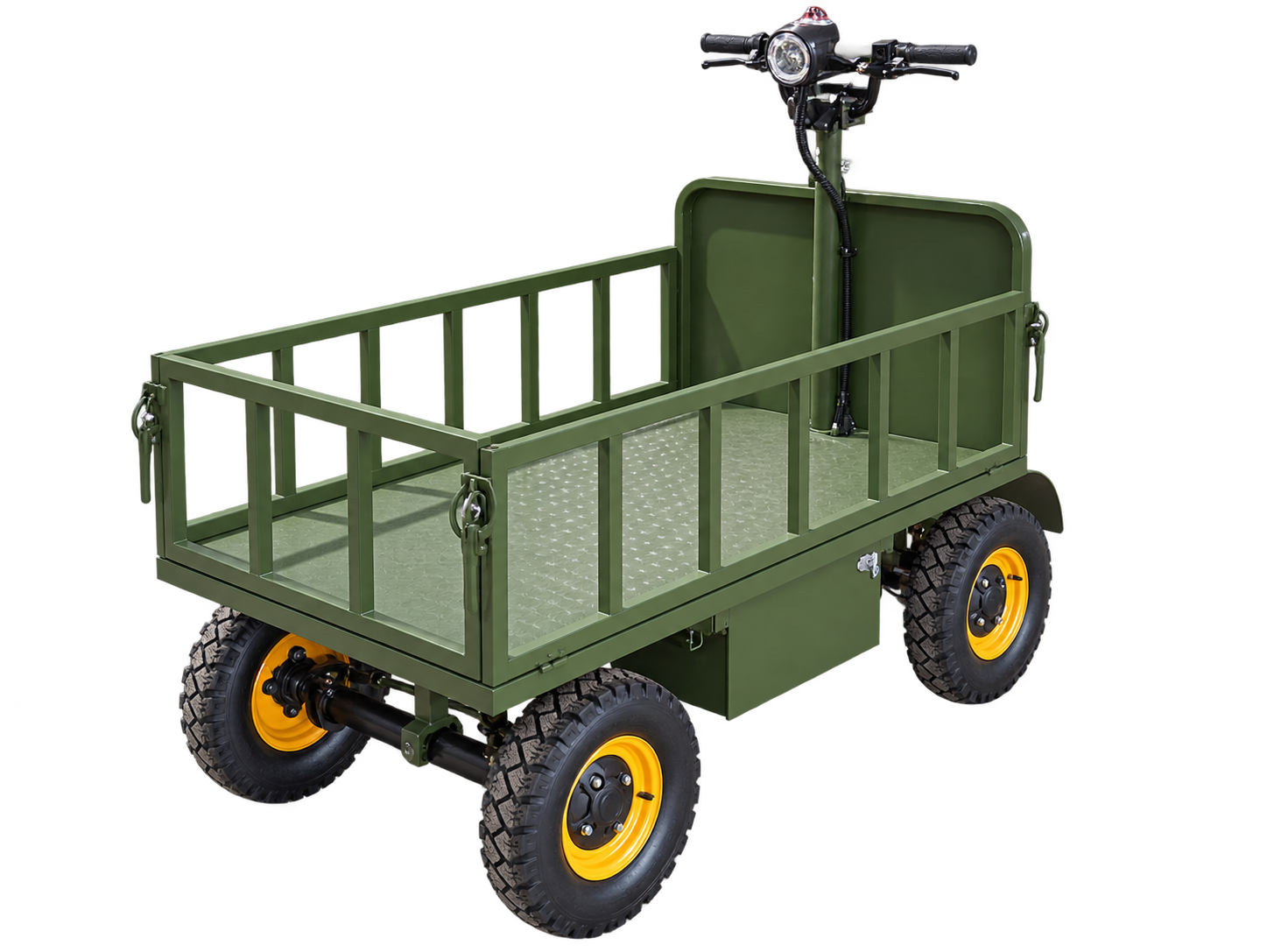 WorkWagon 100 electric utility wagon, three-quarter front view with green steel cargo bed and removable side rails