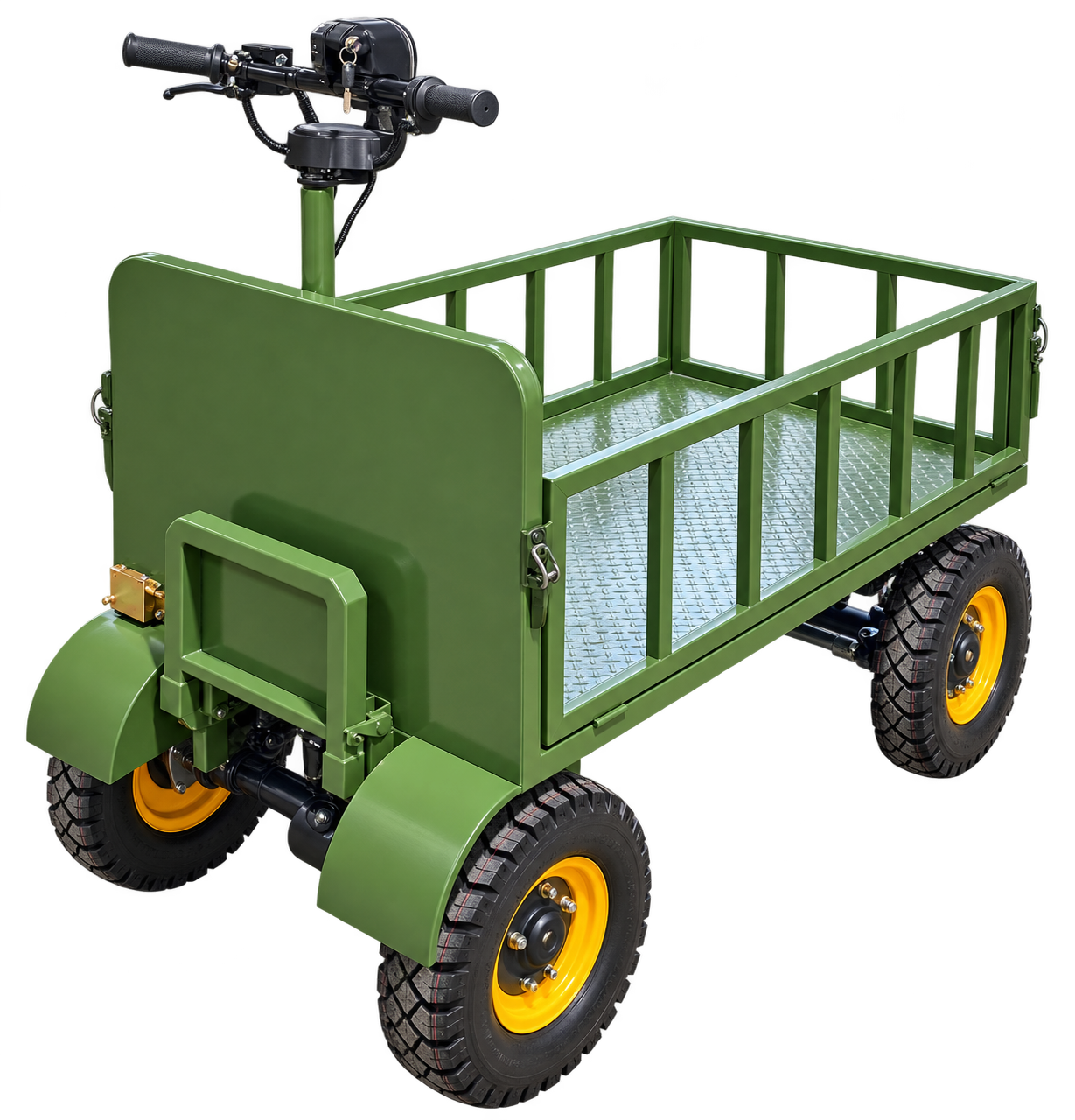 WorkWagon 100 rear corner view showing handlebar, headboard, and cargo bed rails