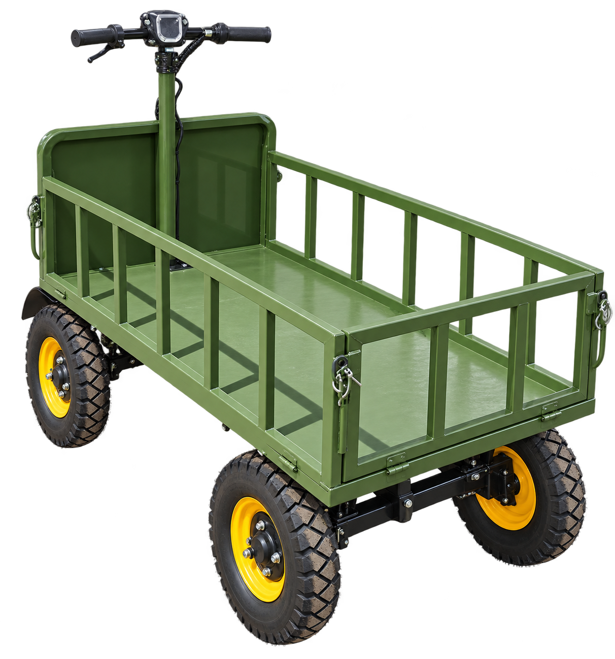 WorkWagon 100 elevated view of the open steel cargo deck with side rails